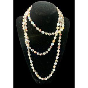 Long Aurora Borealis Crystal Bead Necklace Iridescent Rhinestone Closure Vintage